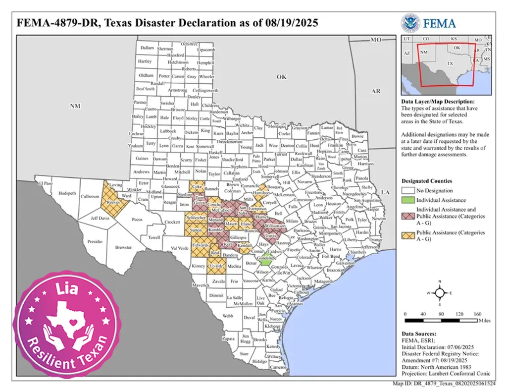 FEMA-4879-DR, Texas Disaster Declaration as of 08/19/2025 - Eligible Counties Map